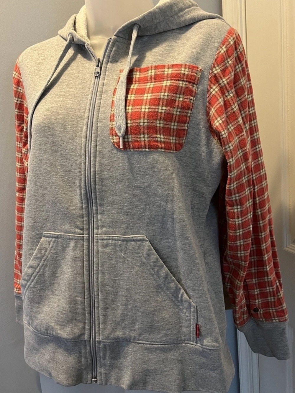 Levi's Upcycled Reworked Gray Full Zip Hoodie with Flannel Sleeves
